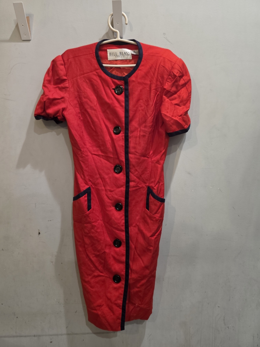 Bill Blass Red Short-Sleeve Shift Dress with Black Trim